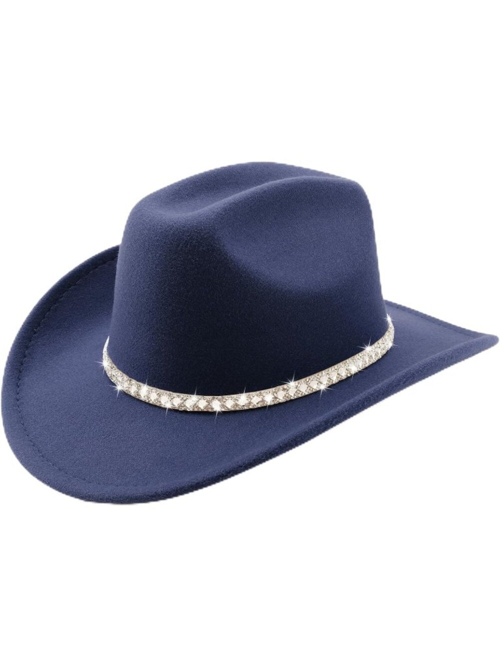 Unisex Navy Felt Wide Brim Fedora Belt Buckle Western Cowboy Rolled Cap Hat